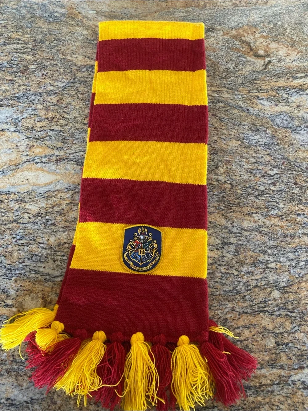 Kids Knit Stripe Scarf in Red and Yellow with Crest Patch